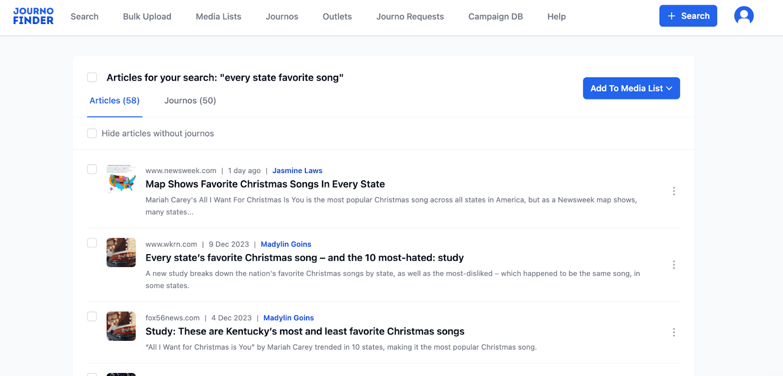 Media database search example