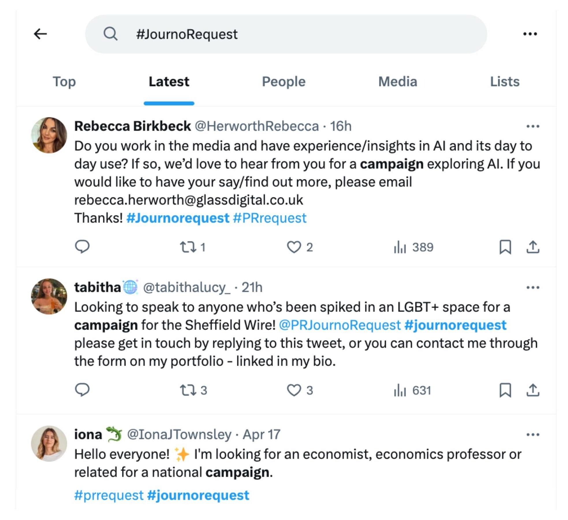Example of finding experts via Twitter using #JournoRequest