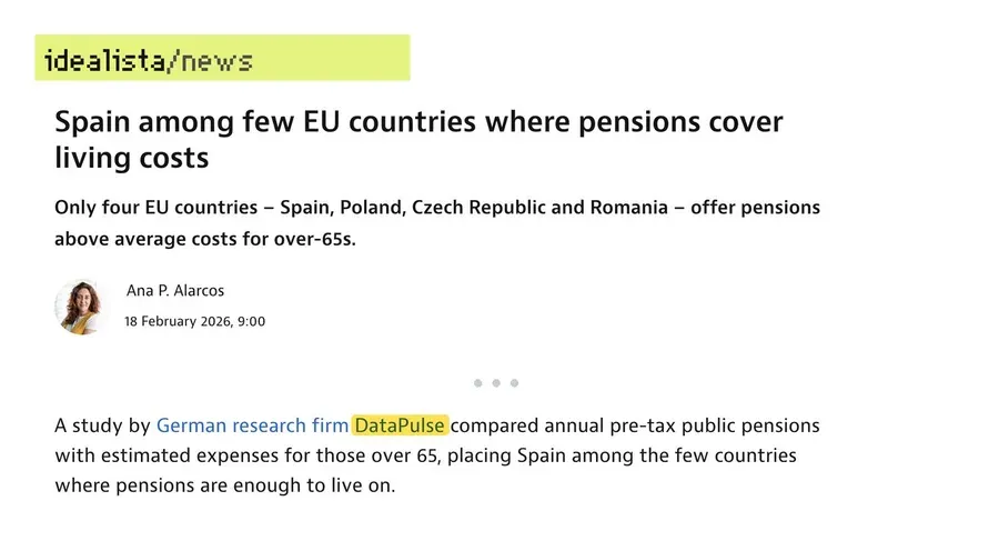 idealista article: Spain among few EU countries where pensions cover living costs, citing DataPulse