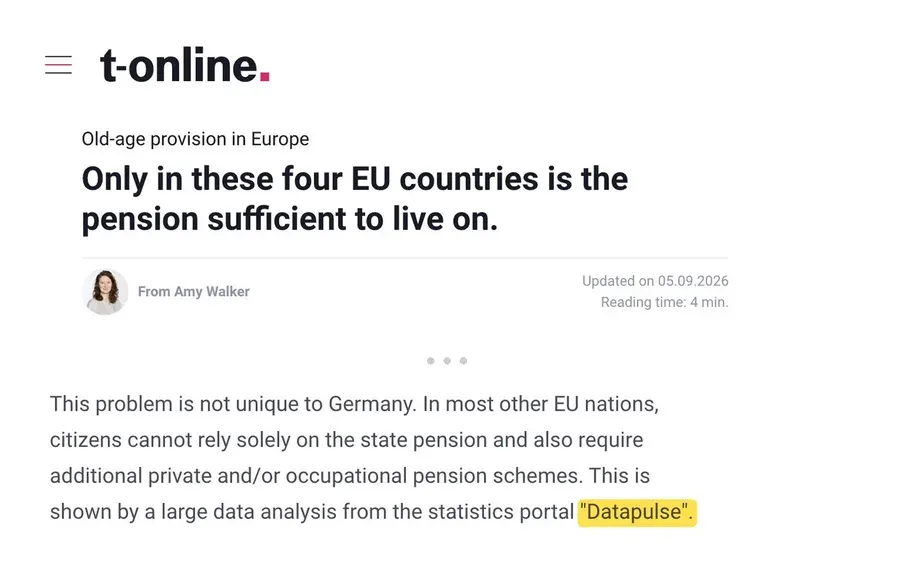 t-online article: Only in these four EU countries is the pension sufficient to live on, citing Datapulse