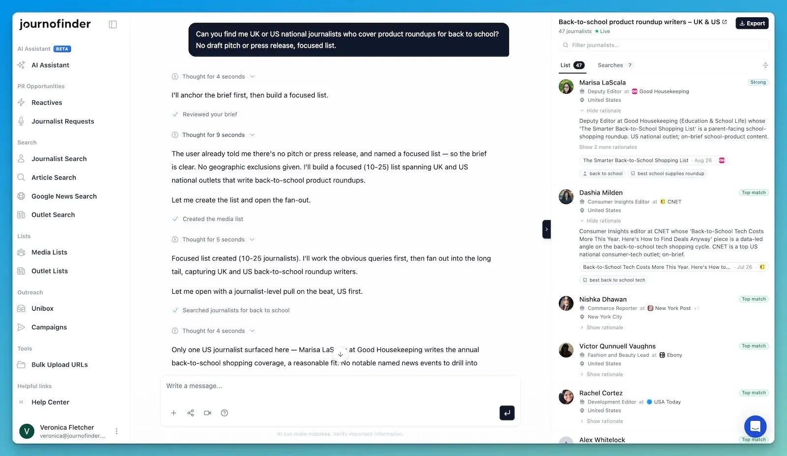 JournoFinder's AI Agent building a media list from a plain language brief