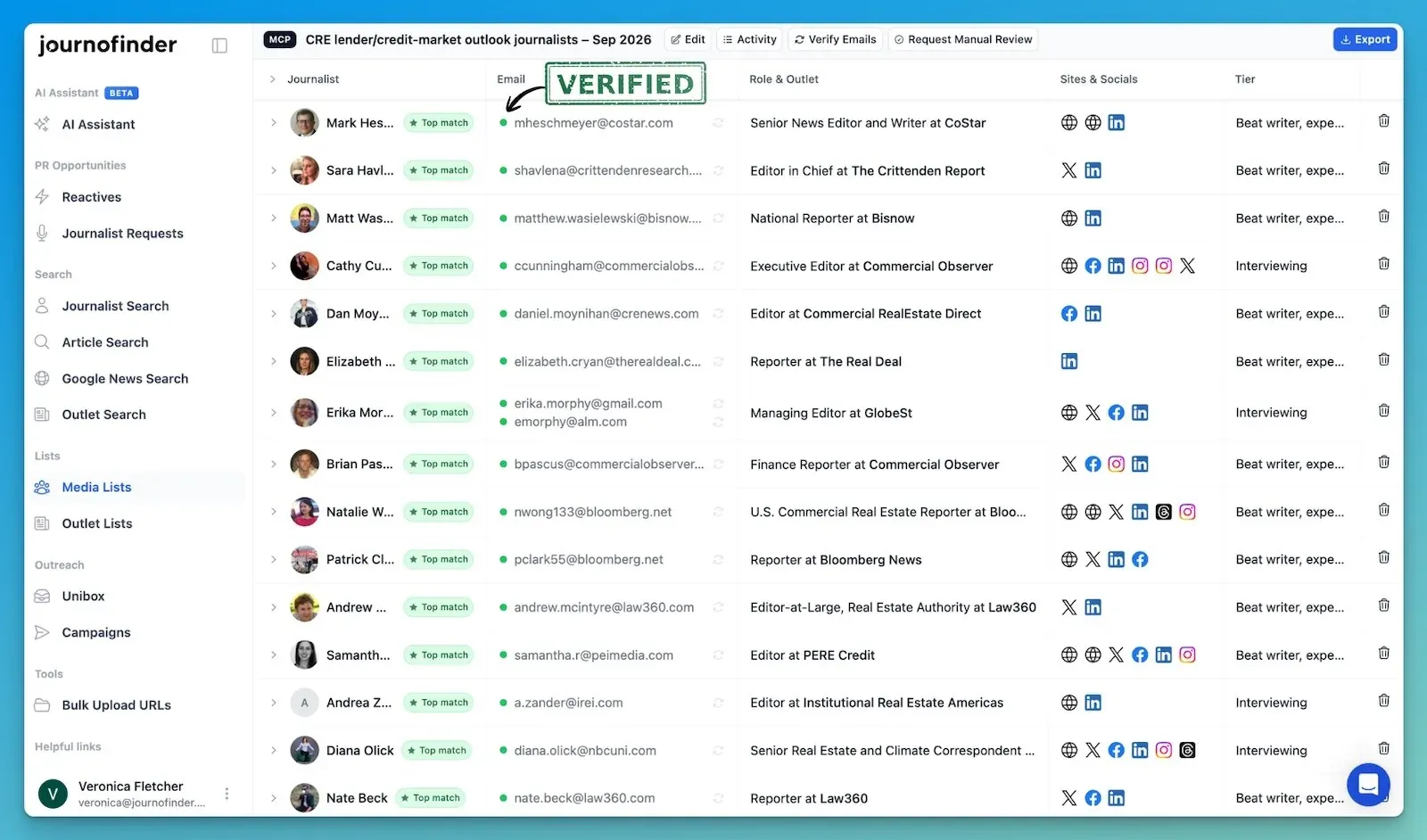 JournoFinder media list showing verified email addresses